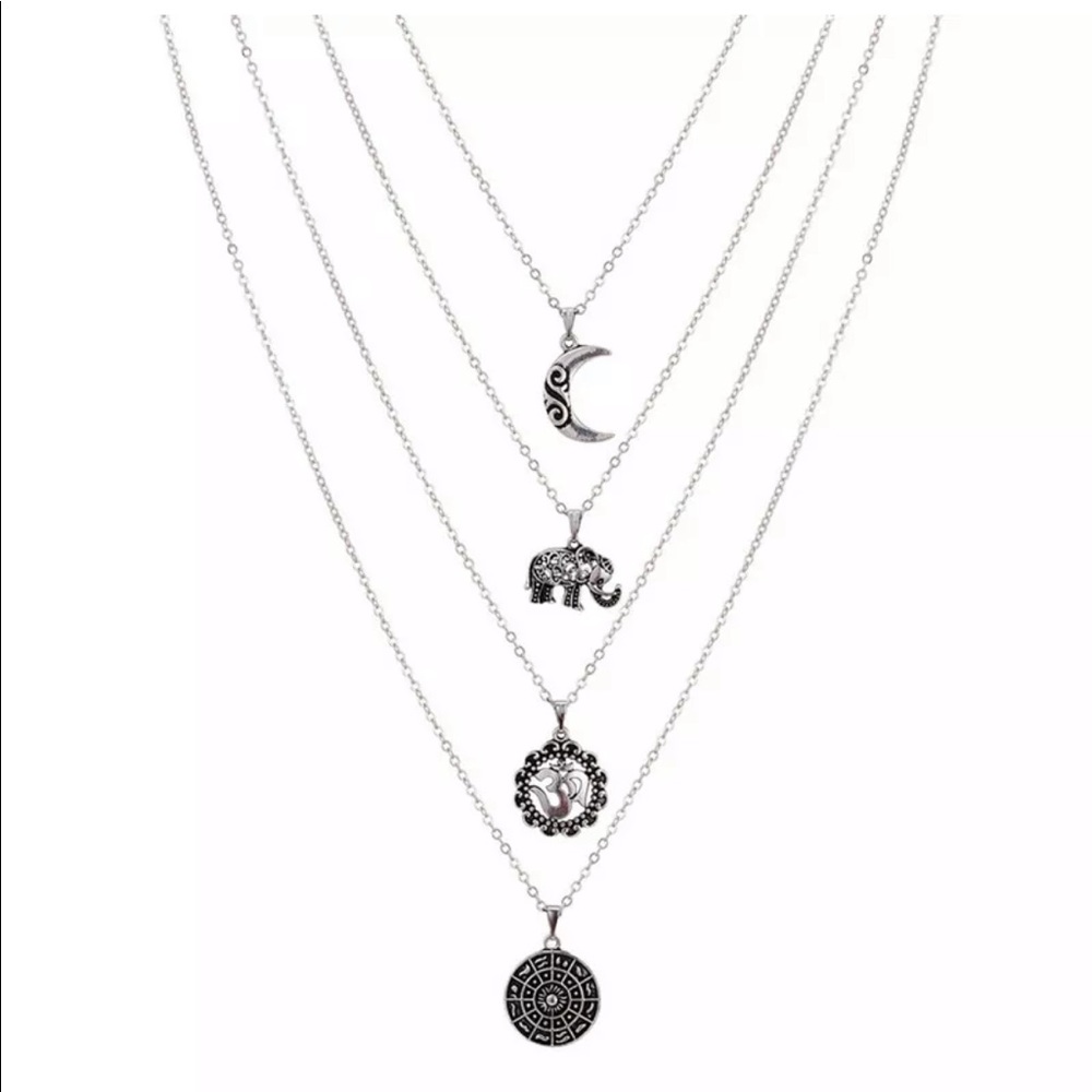 Boho Necklace Silver Chain Elephant Sun Moon Fower - Picture 3 of 6